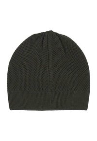 Beanie lavorato a maglia verde scuro con un motivo a punto texturizzato e una fascia a coste in basso.