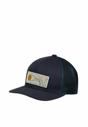 Black trucker cap with mesh back and a rectangular patch featuring an orange sun and topographic lines on the front panel.