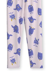 Paarse leggings met een monsterpatroon op een roze achtergrond, met verschillende cartoonmonsters in uiteenlopende kleuren en gezichtsuitdrukkingen.