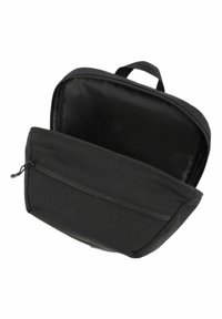 Črn torbica z zadrgo v ravni pravokotne obliki, z glavno zanko in manjšim sprednjim žepom, izdelana iz gladkega blaga.