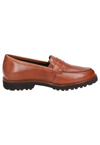 Braune Leder-Halbschuhe mit gestepptem Design, flachem Profil und strukturiertem schwarzen Gummisohle mit sichtbaren Profilmustern.