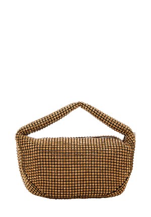 Rechteckige Handtasche mit einem schwarz und metallisch goldenen Gittermuster, abgerundetem oberen Teil und einem gepolsterten Griff. Mit einem Reißverschlussverschluss.