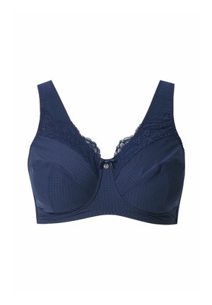 Granatowy stanik z teksturowanej tkaniny, koronkowymi akcentami na miseczkach, szerokimi regulowanymi ramiączkami oraz detalem z guzikiem na środku.