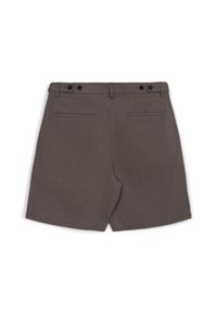 Braune Leinenhose mit geradem Schnitt, zwei Gesäßtaschen und doppeltem Knopfverschluss an der Taille. Glatte Textur mit minimaler Verzierungen.