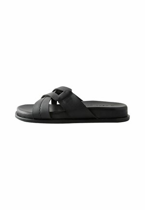 Schwarze Lederslidesandale mit gekreuzten Riemen und flacher Sohle, von der Seite auf weißem Hintergrund gezeigt.