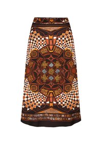 Jupe avec des motifs géométriques et floraux symétriques dans des tons marron, orange, blanc et jaune, présentant des motifs à carreaux et circulaires.