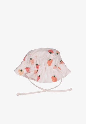 Lyserød baby-solhat med orange og røde jordbærtryk og bundne hakestropper på hvid baggrund.