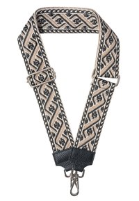 Gewebtes Band mit einem geometrischen schwarz-beigen Muster, Lederenden, silbernen Verschlüssen und einem flachen Design, geeignet für Taschen oder Instrumente.