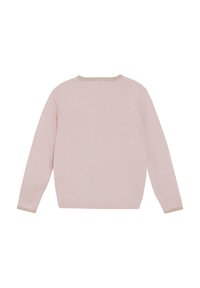 Ljusrosa tröja i mjukt material, med långa ärmar, rund halsringning och en kontrasterande beige kant runt kragen och ärmsluten.