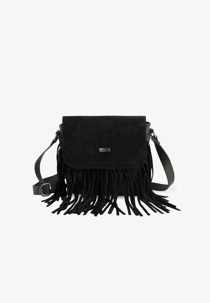 Black suede crossbody bag with a fringed design, featuring a magnetic flap closure and an adjustable strap. Texture appears soft.
