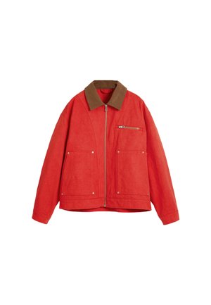 Red jacket with a brown suede collar, featuring a front zipper, two large pockets, and a chest pocket. Soft texture and relaxed fit.