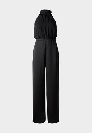 Schwarzfarbiger Jumpsuit mit Neckholder-Design, ausgestattet mit einem gerafften Oberteil und weit geschnittenen Hosenbeinen. Hergestellt aus glattem, leichtem Stoff.