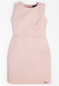 Vaateettomassa vaaleanpunaisessa mekossa on sileä kangas, joka on muotoiltu tiukasti vyötäröltä, pleattiliikkeet vyötäröllä ja takana vetoketjukiinnitys.