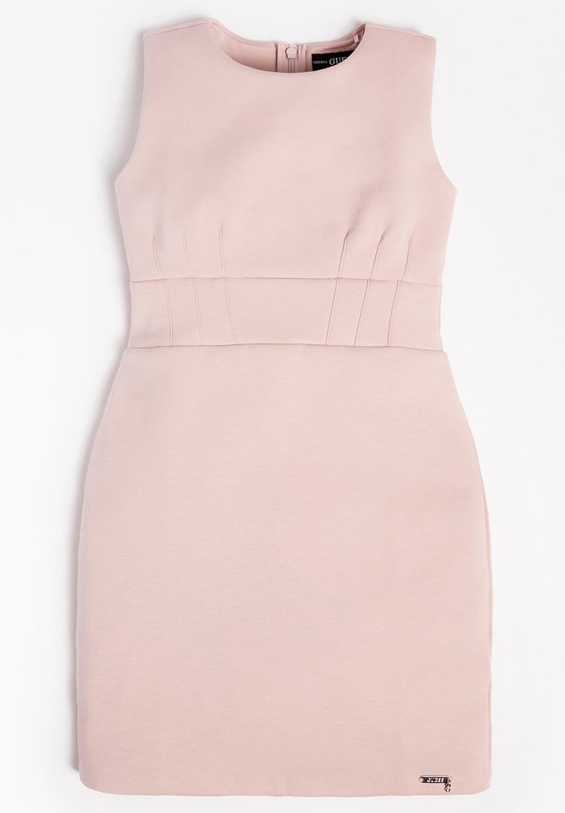 Vestido rosa sin mangas hecho de tela suave, con un corsé ajustado, detalles plisados en la cintura y un cierre de cremallera en la parte posterior.