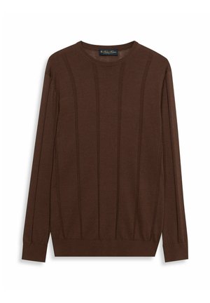 Pull à manches longues en maille marron avec un motif côtelé vertical, un col rond, et des poignets et un ourlet élastiques.