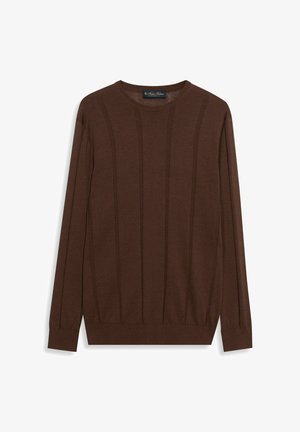 Maglione marrone a maniche lunghe in maglia con motivo a coste verticali, scollo tondo e polsini ed orlo elastici.