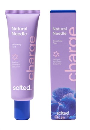 Lavender tube and box of Salted Natural Needle Smoothing Fluid with SeaSync, Spilanthol, Bakuchiol, and the word "charge" in large letters.