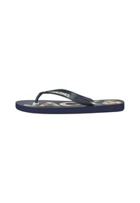 Infradito blu navale con un motivo a foglia tropicale e testo bianco "JACK & JONES" sulla suola e sulla cinghia.
