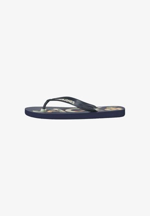 Navy blue flip-flop sandal with a tropical leaf pattern and white "JACK & JONES" text on the sole and strap.
