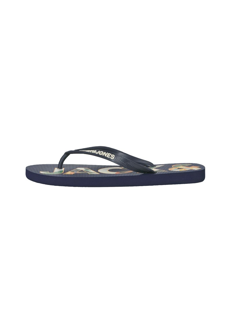 Infradito blu navale con un motivo a foglia tropicale e testo bianco "JACK & JONES" sulla suola e sulla cinghia.