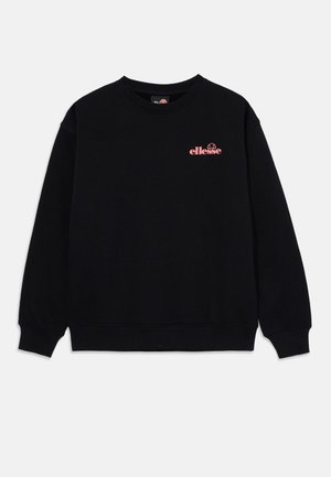 Sweat-shirt noir à col rond avec manches longues et petit logo rose "ellesse" sur la partie supérieure gauche de la poitrine.
