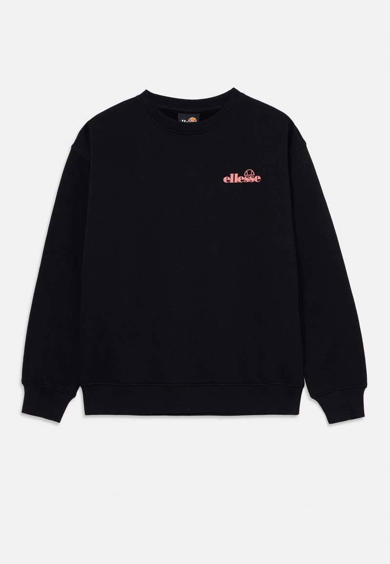 Sweat-shirt noir à col rond avec manches longues et petit logo rose "ellesse" sur la partie supérieure gauche de la poitrine.