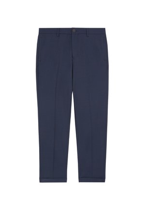 Hosen in Marineblau aus leichtem Stoff, mit glatter Textur, tailliertem Schnitt, zwei Fronttaschen und einem einzigen Knopfverschluss.