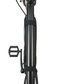 Schwarzer Fahrradrahmen mit vertikalem Design; ausgestattet mit einem schwarzen Stoff-Reißverschlusspouch, der am Rahmen befestigt ist, und einem schwarzen Pedal auf der linken Seite.