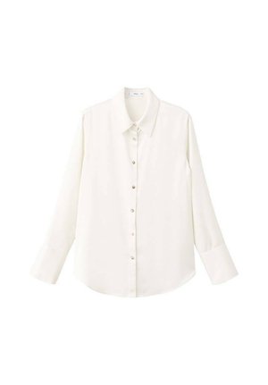 Weißes, langärmeliges Hemd mit Knopfleiste, klassischem Kragen und vorne zuzuknöpfendem Verschluss; besteht aus einem glatten, leichten Stoff und hat einen abgerundeten Saum.