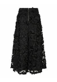 Svart skjørt med broderte blomsterpatroner, gjennomsiktig stoff og glidelåslukking bak, med teksturert frynsepynt langs kanten.