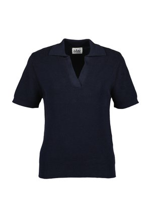 Navy korte mouwen gebreide polo met een V-hals, met een ribbelstructuur en een slim fit ontwerp. Etiket vermeldt "blauw" met maatlabel.