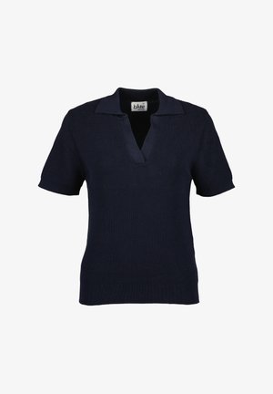 Polo a maniche corte in maglia blu navy con colletto a V, caratterizzato da una texture a costine e un design aderente. L'etichetta riporta "blu" con la taglia.