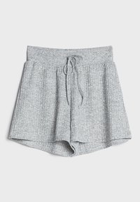 Gray knit shorts with a textured pattern, featuring an elastic waistband and drawstring. Shorts are designed with pleats for added style.