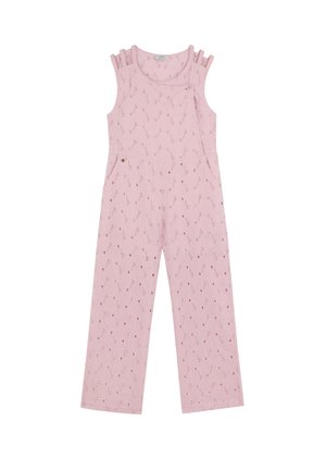 Mono rosa sin mangas con volantes en los hombros, que presenta patrones sutiles y un corte relajado, fabricado con una tela suave y con bolsillos laterales.