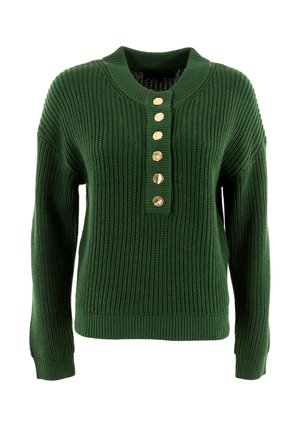 Pull en maille verte avec un motif texturé, doté d'un col tunisien, de six boutons dorés sur le devant, ainsi que de poignets et d'un ourlet côtelés.