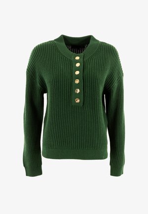 Pull en maille verte avec un motif texturé, doté d'un col tunisien, de six boutons dorés sur le devant, ainsi que de poignets et d'un ourlet côtelés.
