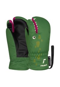 Grüne Handschuhe mit einem Dinosaurier-Motiv, ausgestattet mit schwarzen Leder-Handflächen, pinken Akzenten und weißen Zahndetails. Inklusive verstellbarem Handgelenkband.