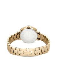 Goldfarbene Edelstahl-Uhr mit einem Gliederarmband, rundem Gehäuse und einer mit Kristallen verzierten Krone, die eine glatte, reflektierende Oberfläche aufweist.