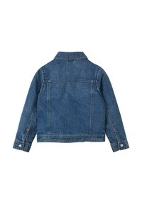 Giacca di jeans in blu scuro, con colletto classico, maniche lunghe, bottoni metallici e un taglio strutturato con dettagli sul retro.