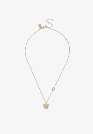 Gold-colored necklace with a delicate chain and butterfly pendant. Features a clasp and extension chain for adjustable length.