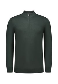 Donkergroene pullover met een hoge kraag en een korte rits. Gemaakt van een gladde stof, voorzien van lange mouwen en ribgebreide manchetten.