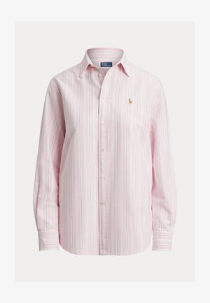 Langermet skjorte med knapper i lys rosa med hvite og blå striper, med en liten brodert logo på brystet, laget av bomullsstoff.