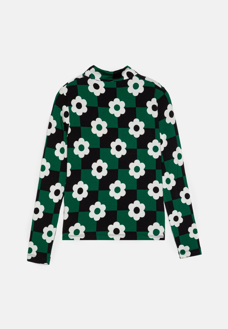 Langermet topp med et svart og grønt rutemønster med hvite blomster. Laget av stretchy stoff, med høy hals og figurnær passform.