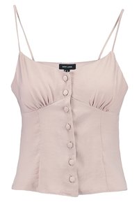 Helle rosa Spaghettiträger-Camisole mit knopflosem Verschluss, tailliertem Schnitt und leicht gerafftem Stoff entlang des Dekolletés zur Formbeibehaltung.