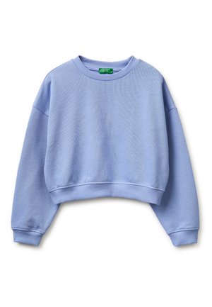 Felpa corta azzurro chiaro con collo, polsini e orlo a coste, con una piccola etichetta verde del marchio all'interno del colletto.