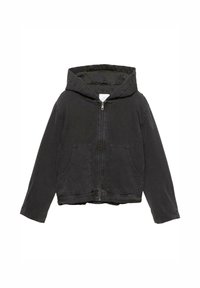 Jachetă neagră cu fermoar și glugă, realizată din material denim, având două buzunare frontale, un interior texturat și un design scurt.