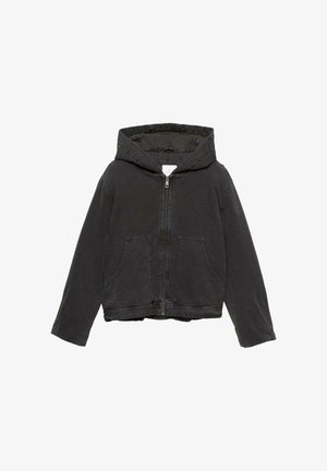 Černá zipová bunda s kapucí, vyrobená z denimové tkaniny, s dvěma předními kapsami, texturovaným interiérem a zkráceným střihem.