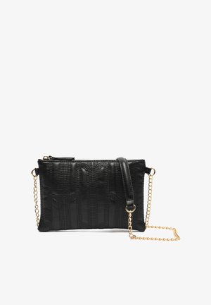 Black leather clutch with textured pattern, gold chain strap, and zipper closure. Rectangular shape with a slim profile for easy carrying.