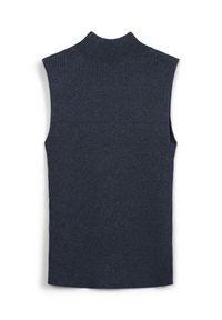 Canotta in maglia a coste con collo alto di colore blu scuro. Presenta un colletto alto e una texture liscia, con dettagli di cucitura ridotti al minimo e spacchi laterali.