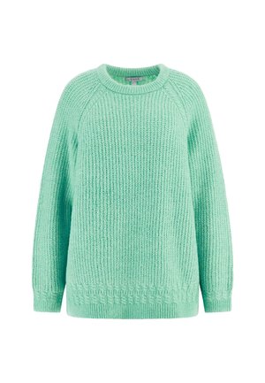 Jasnozielony sweter z dzianiny z okrągłym dekoltem, raglanowymi rękawami, ściągaczami na mankietach oraz teksturowanym paskiem na dole. Lekki materiał.